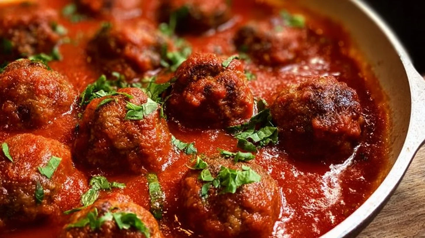 Delicious Italian meatballs cooked in marinara sauce served with spaghetti.