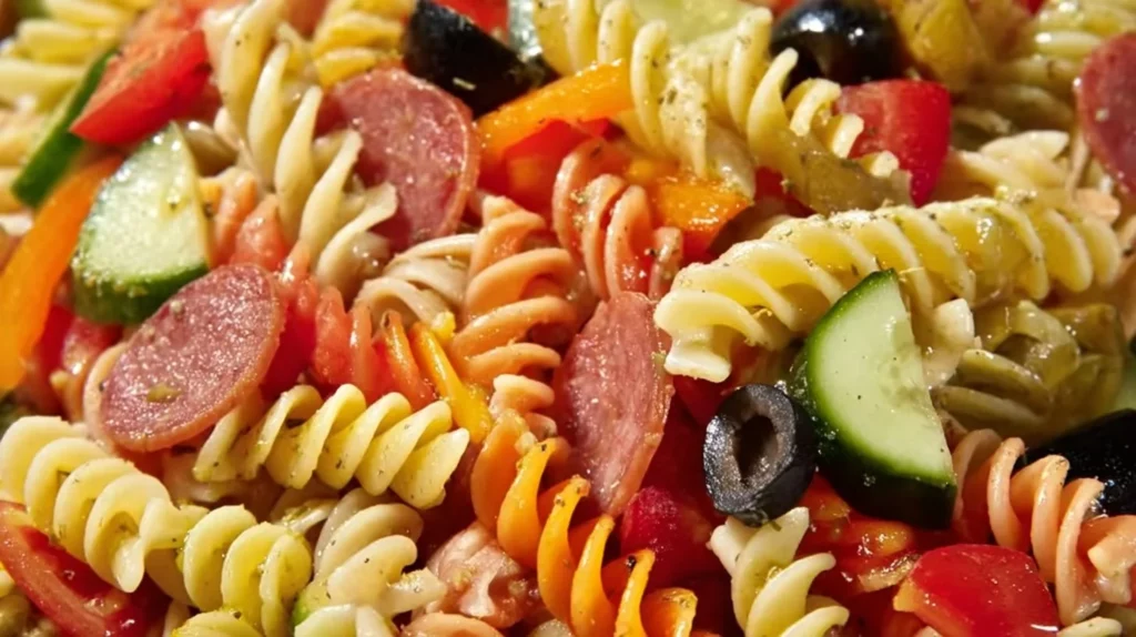 Italian pepperoni pasta salad served in a bowl with fresh vegetables and dressing