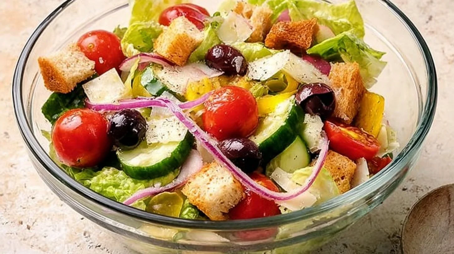A colorful Italian salad with fresh vegetables and dressing served in a bowl.