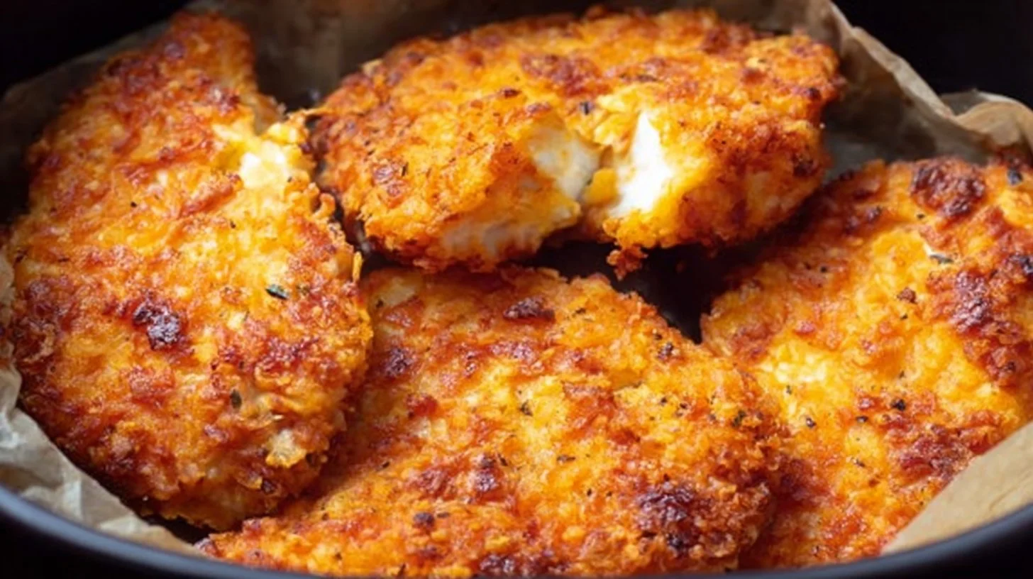 Juicy air fryer fried chicken served on a plate with herbs and spices