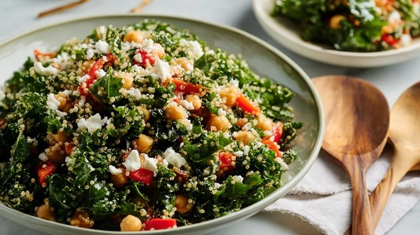 A colorful Kale Quinoa Salad with chickpeas, dressed with lemon and herbs.