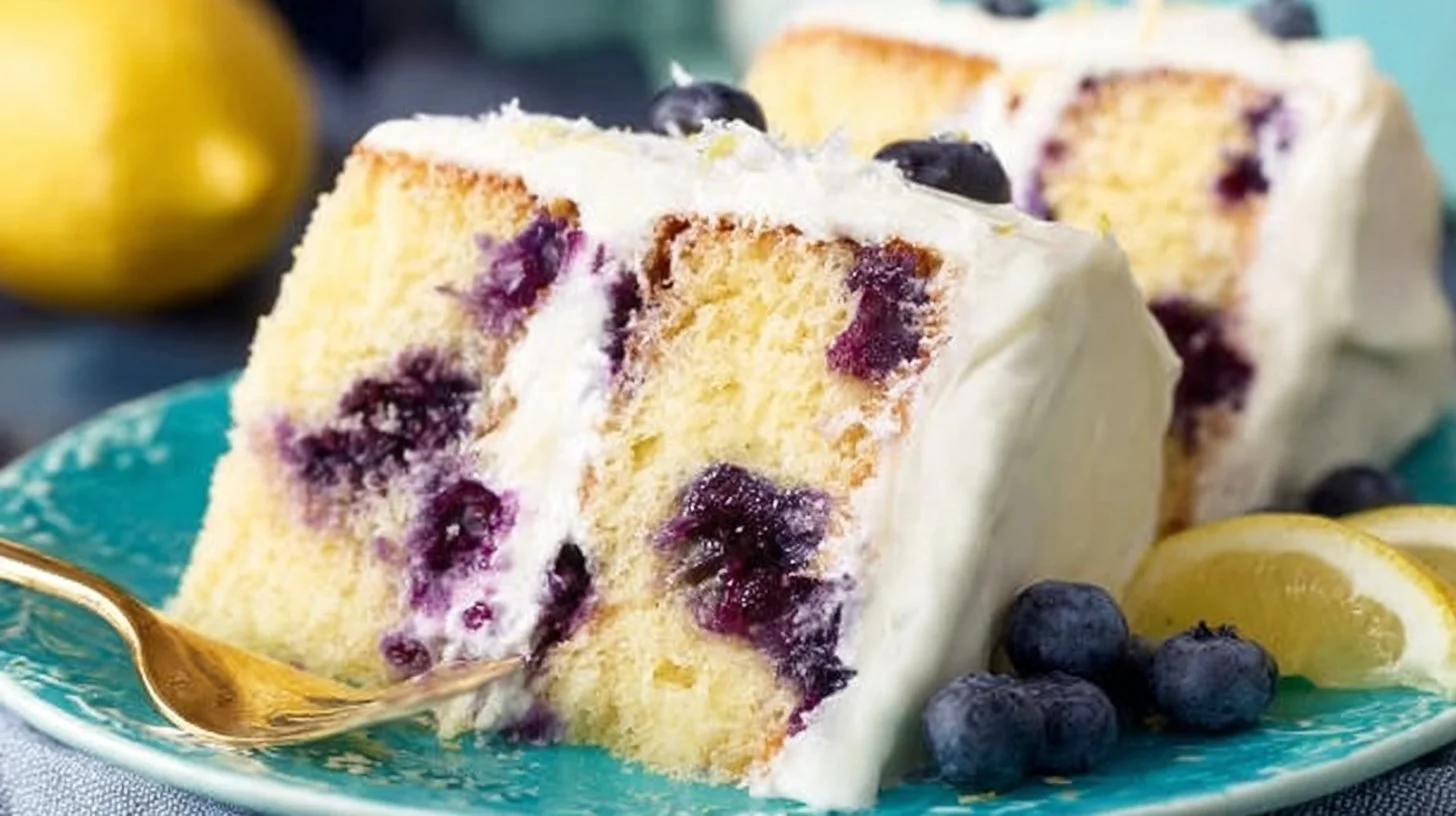 Sliced lemon blueberry cake on a plate with fresh blueberries and lemon slices