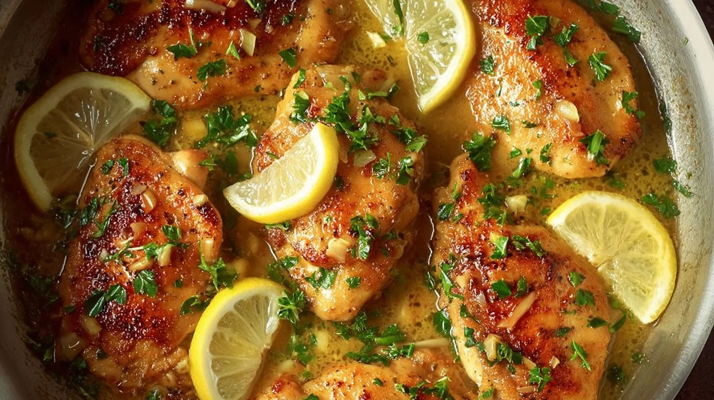 Juicy lemon chicken served with fresh herbs and lemon slices