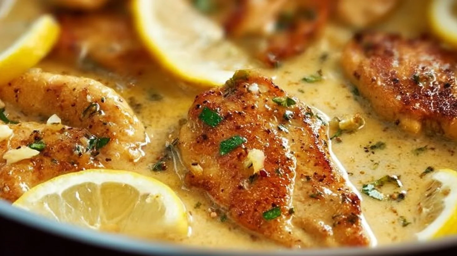 Delicious lemon chicken served with fresh herbs and lemon slices