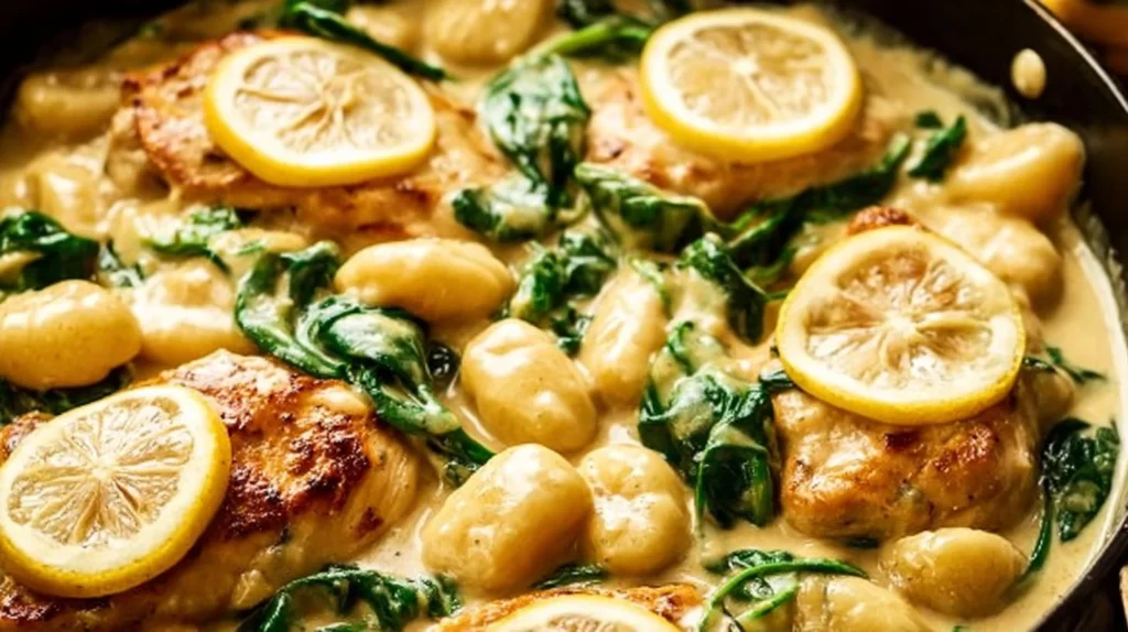 Creamy Lemon Chicken Gnocchi served in a bowl with lemon slices and herbs