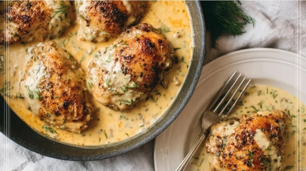 Lemon Chicken in Dill Cream Sauce served on a plate with garnish