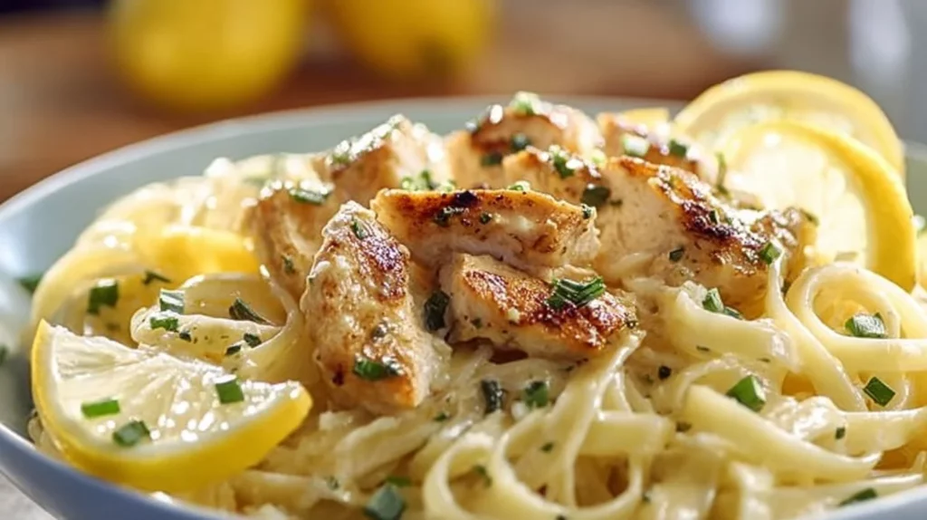 Delicious lemon chicken pasta served with fresh herbs