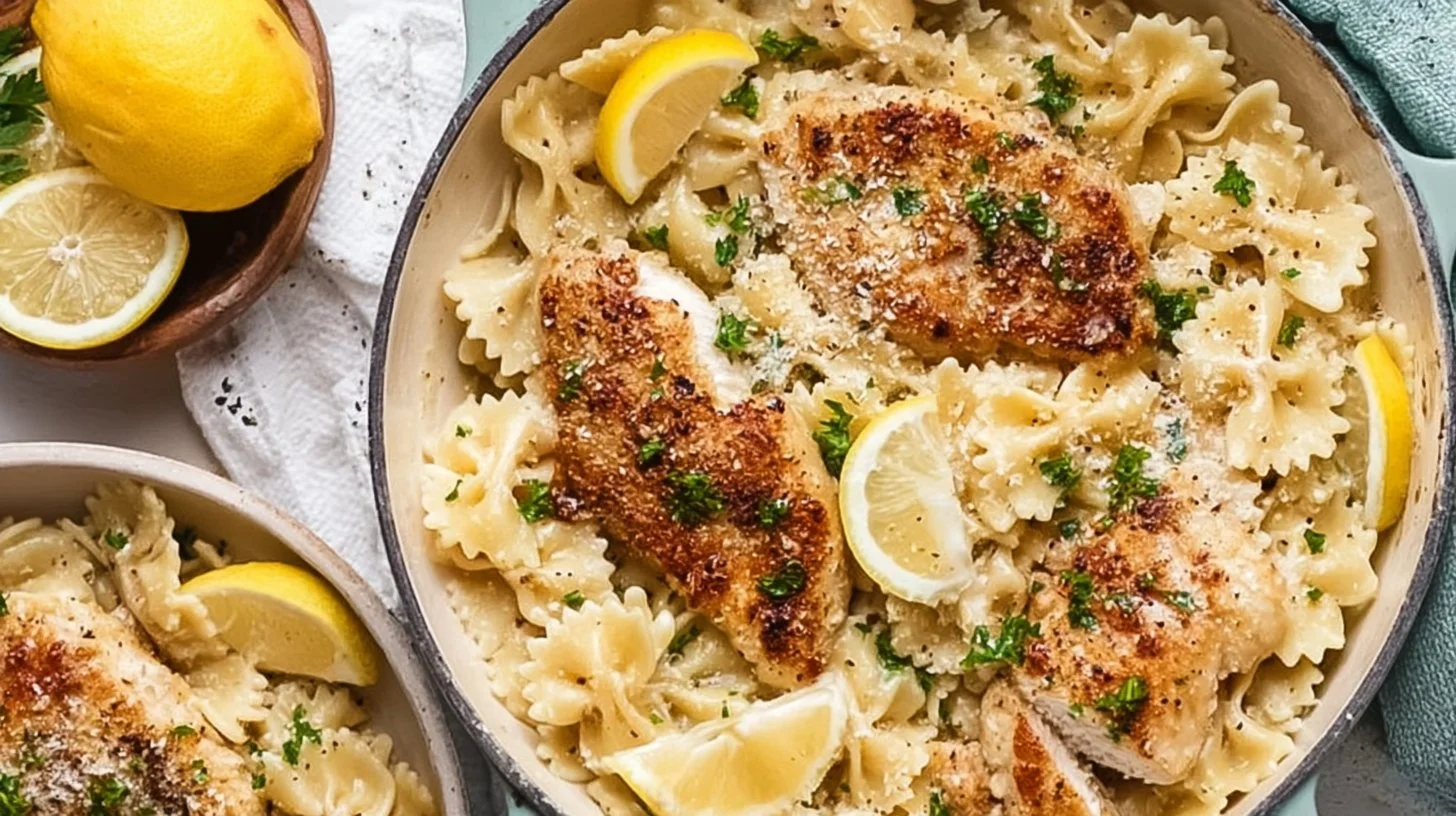 Plate of lemon chicken pasta garnished with parsley and lemon slices.