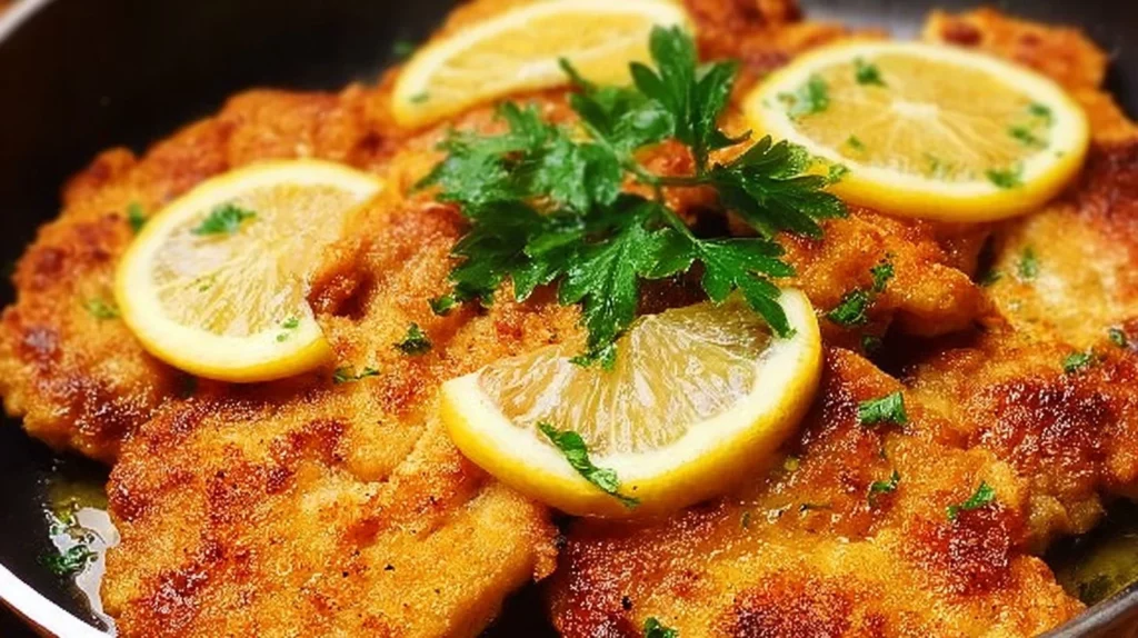 Lemon Chicken Piccata served with capers and lemon slices on a plate