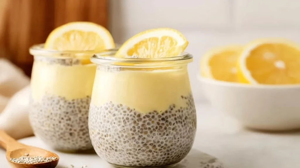 Lemon Cream Chia Pudding with Oat Milk in a bowl garnished with lemon zest.