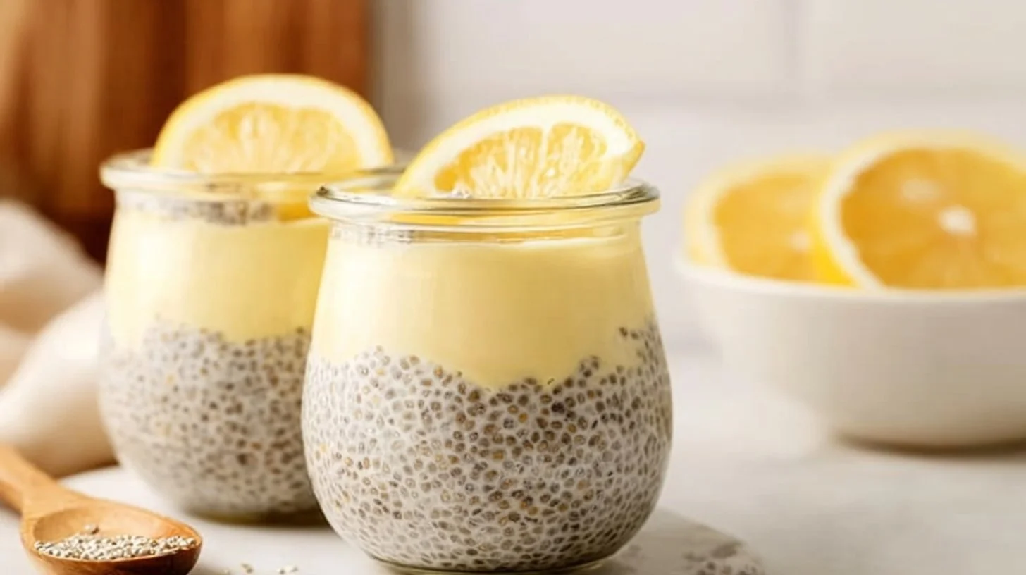 Lemon Cream Chia Pudding with Oat Milk in a bowl garnished with lemon zest.