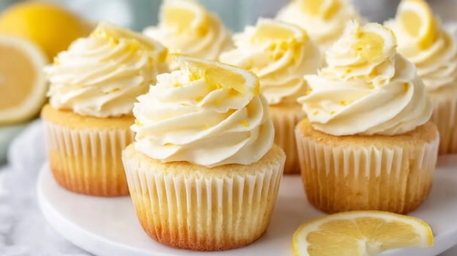 Lemon cupcakes with frosting on a colorful plate, garnished with lemon slices.