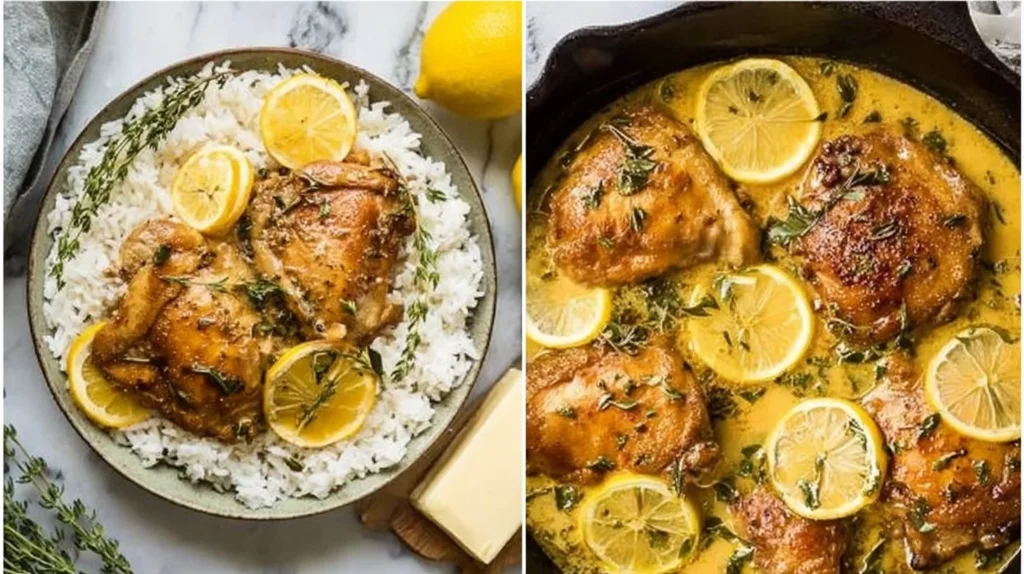 Plate of Lemon Garlic Cream Chicken Thighs garnished with herbs