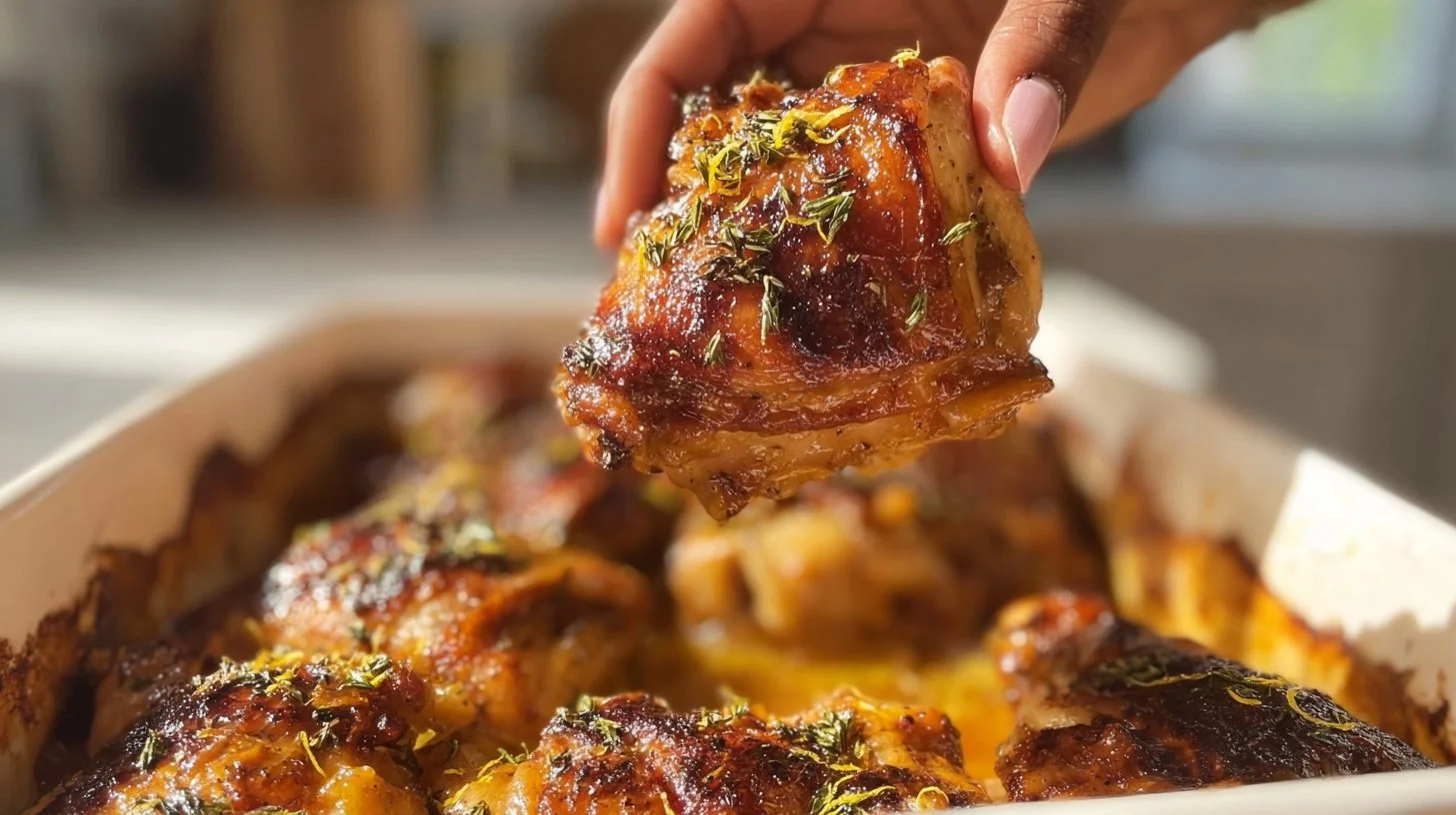 Lemon garlic parmesan chicken thighs 2 Lemon garlic parmesan chicken thighs garnished with herbs
