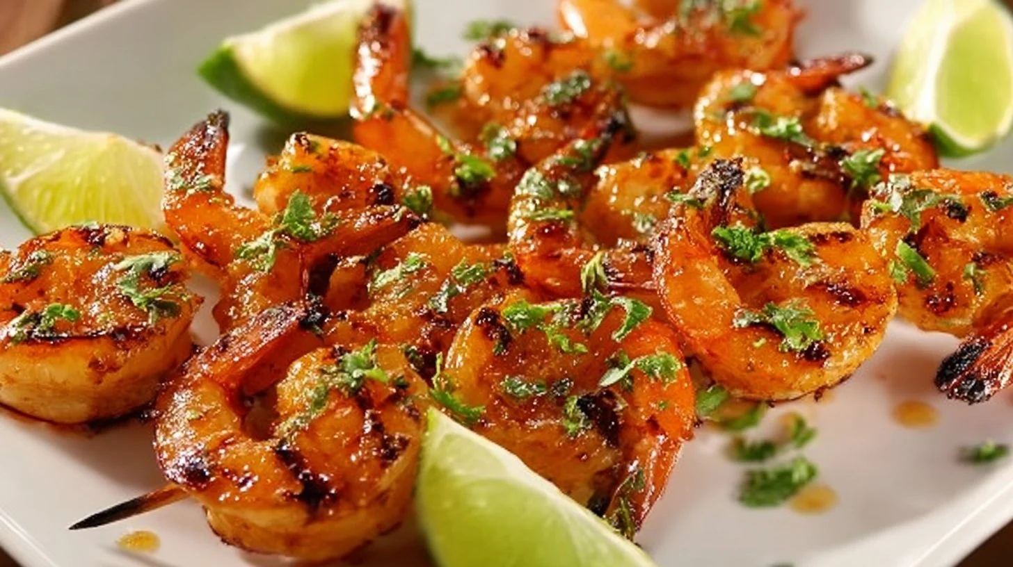 Plate of lemon garlic shrimp garnished with parsley and lemon slices