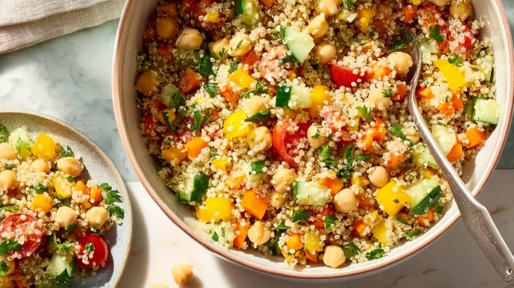 Lemon quinoa and chickpea salad with fresh vegetables and dressing