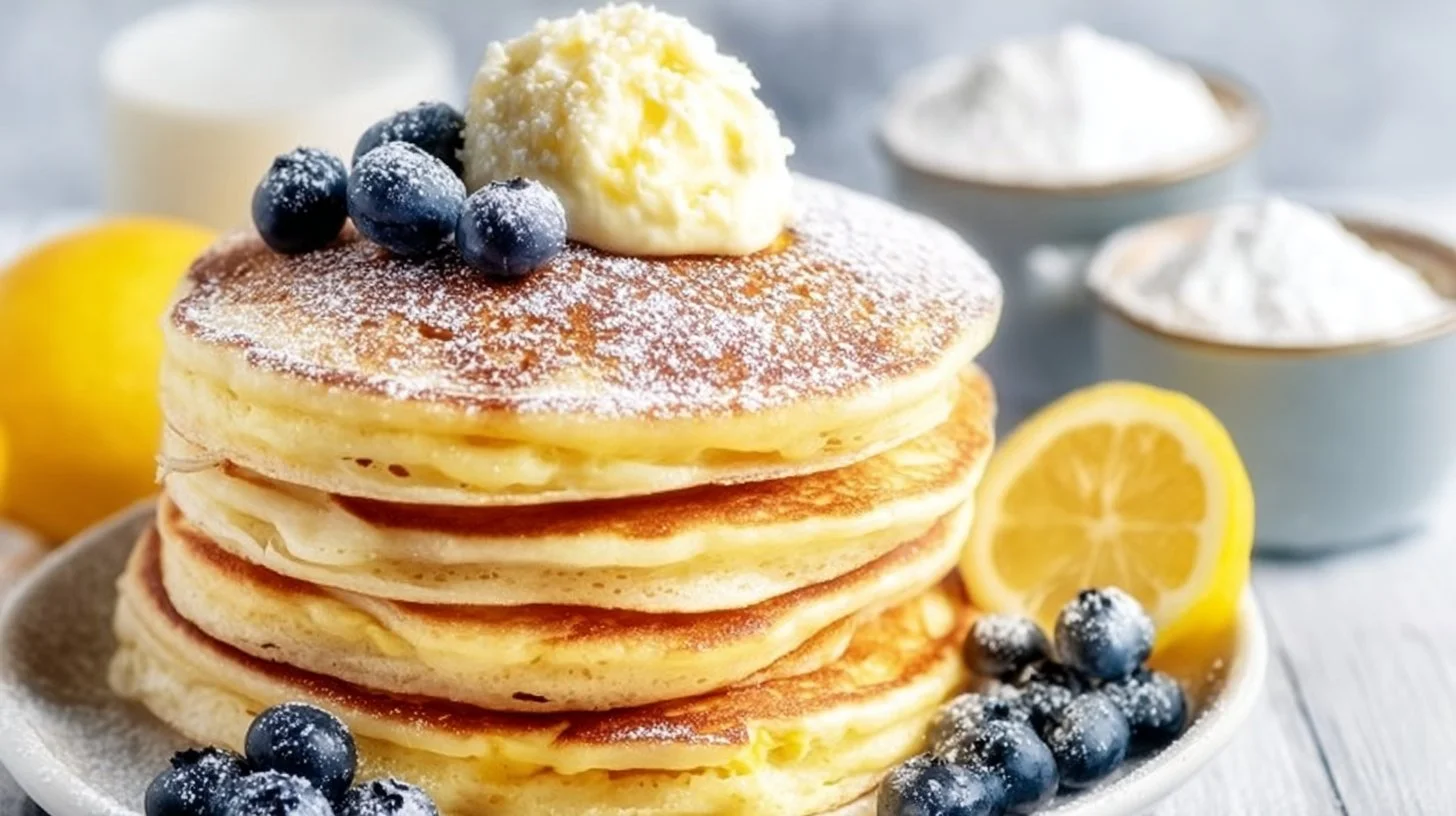 Stack of fluffy lemon ricotta pancakes topped with fresh fruit and syrup