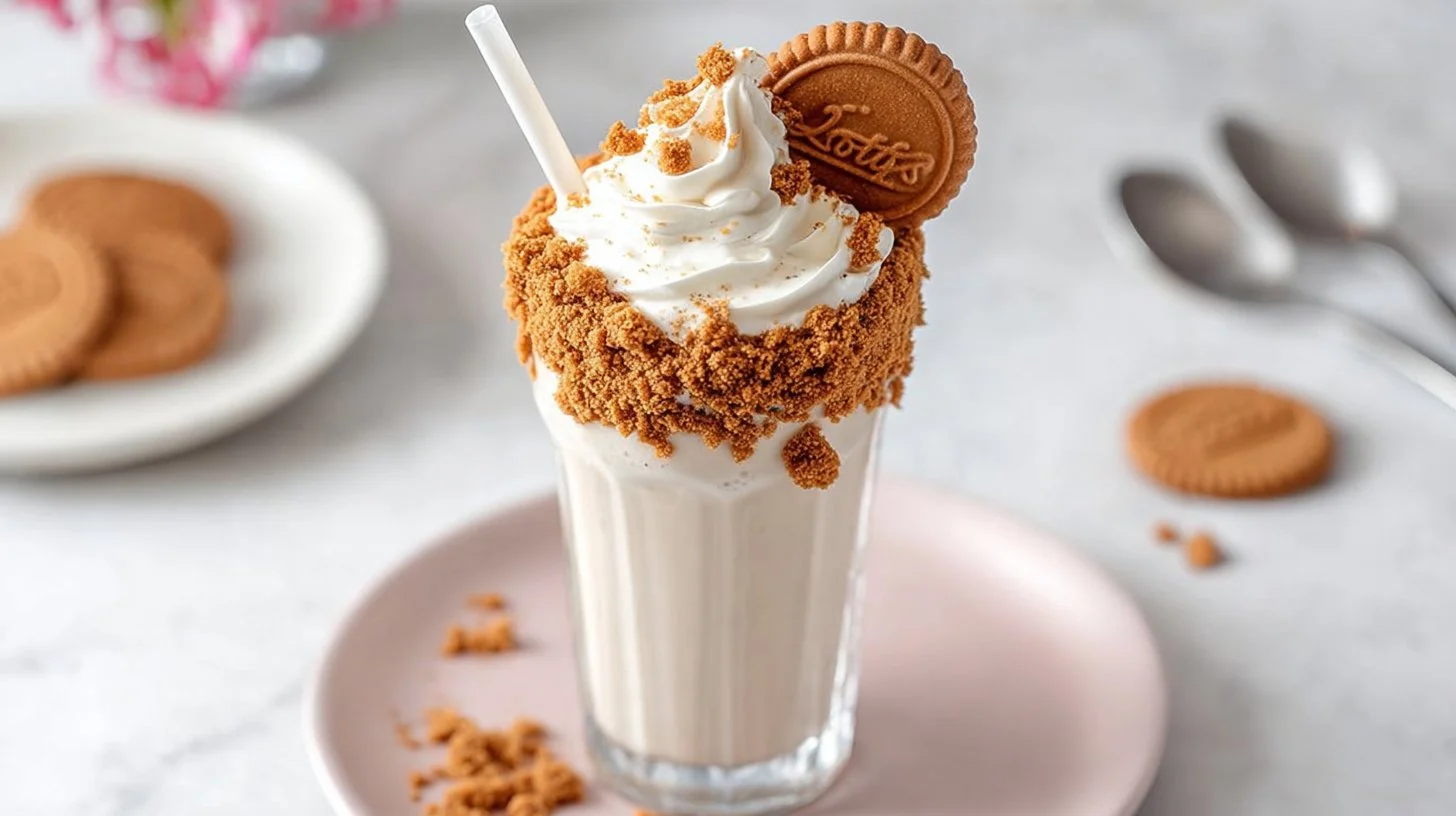 Delicious Lotus Biscoff milkshake topped with crushed cookies and whipped cream