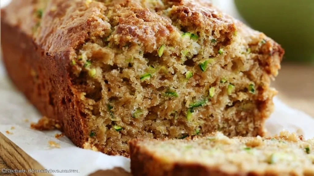 Loaf of low sugar zucchini bread topped with nuts