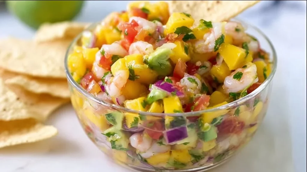 Mango shrimp salsa served in a bowl with fresh ingredients and vibrant colors.