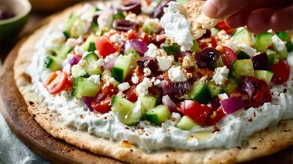 Mediterranean hummus dip platter with fresh veggies and pita bread