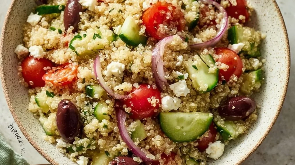 Colorful Mediterranean Quinoa Salad with fresh veggies and herbs