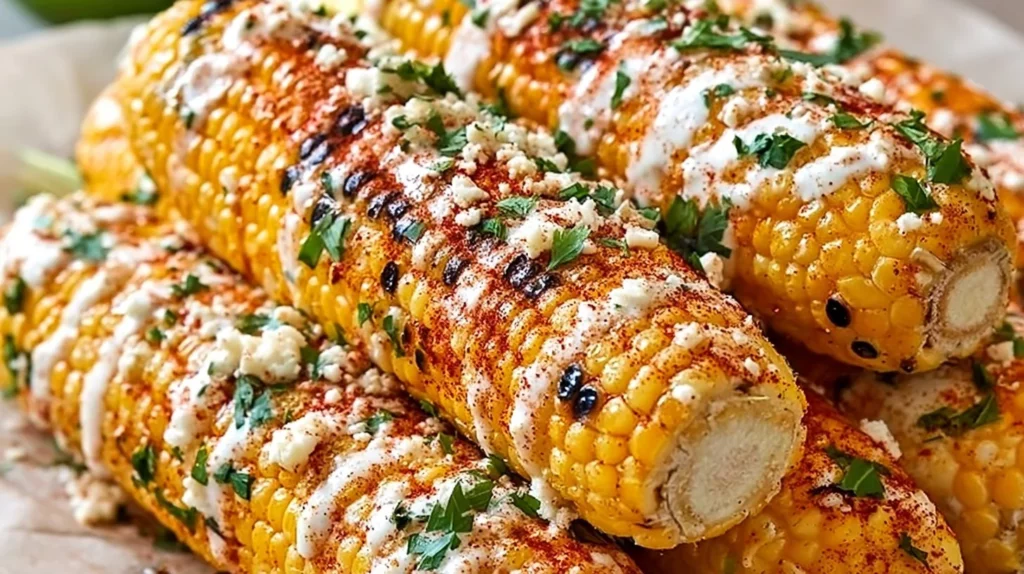 Deliciously grilled Mexican Corn on the Cob topped with cheese and spices.