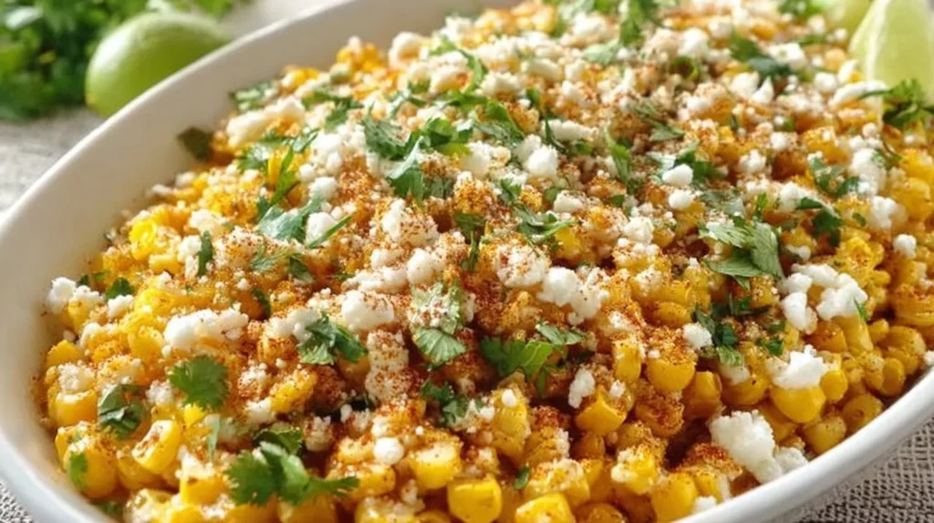 Delicious Mexican street corn topped with cheese, lime, and spices
