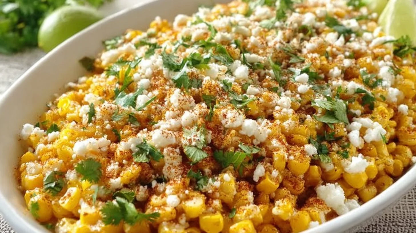 Delicious Mexican street corn topped with cheese, lime, and spices