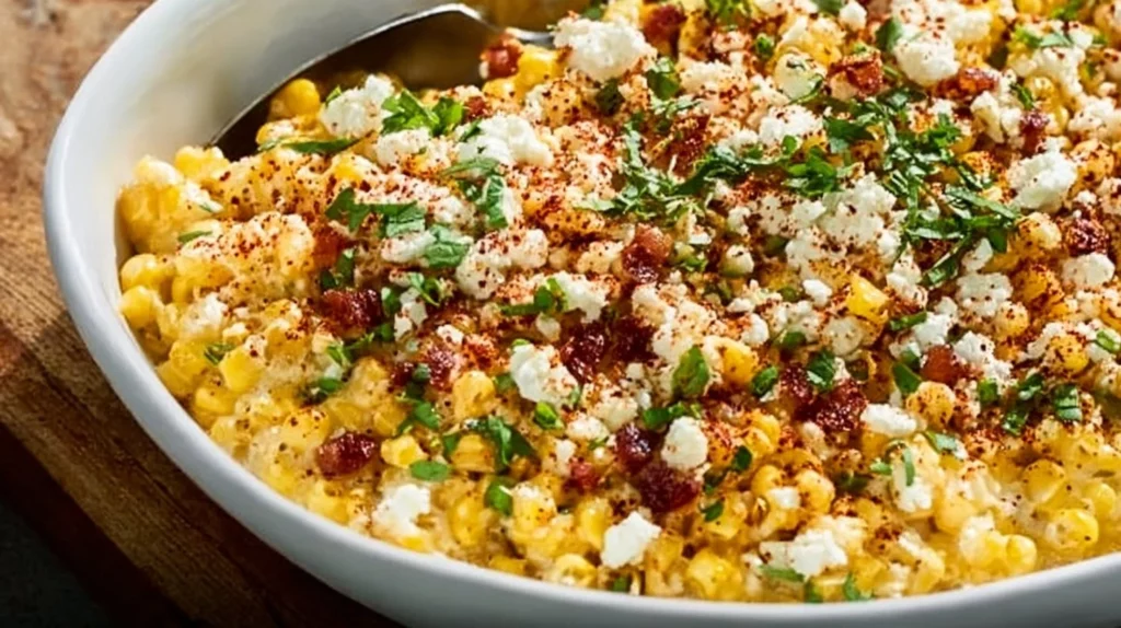 A serving of Mexican Street Corn Casserole topped with fresh cilantro and cheese
