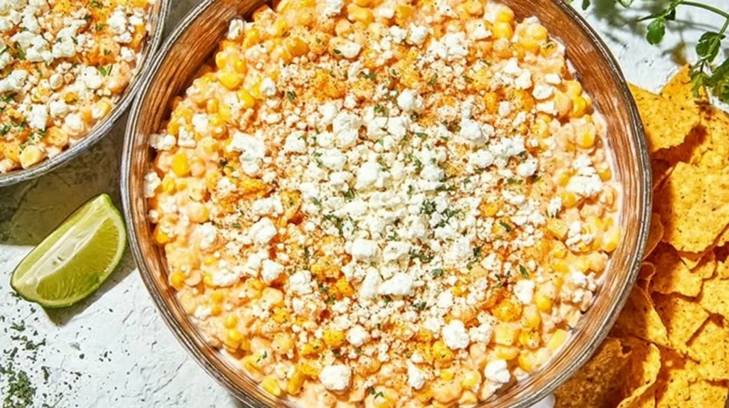 Bowl of Mexican Street Corn Dip garnished with cilantro and lime