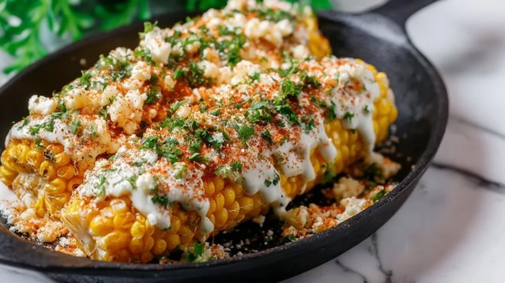 Delicious Mexican street corn (Elote) with cheese and spices served on a cob.