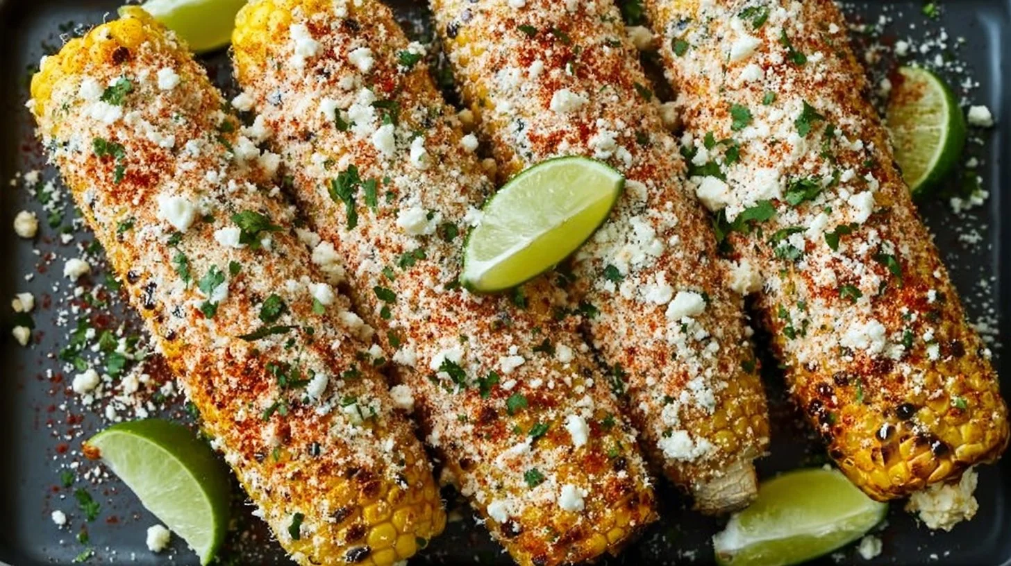 Delicious Mexican Street Corn (Elote) topped with cheese and spices