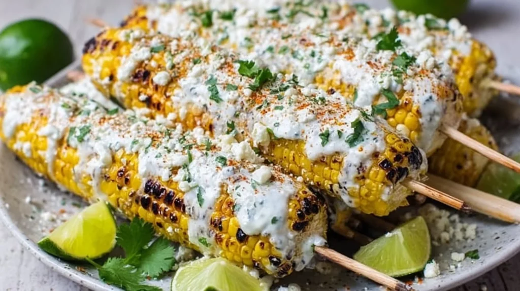 Delicious Mexican Street Corn (Elotes) topped with spices and cheese