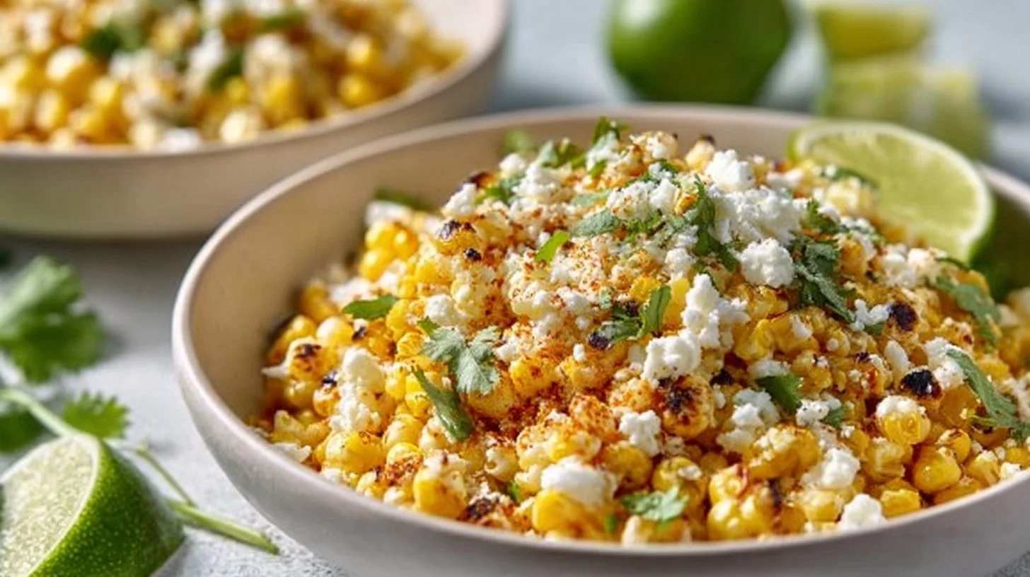 Colorful Mexican street corn salad with corn, cheeses, and spices served in a bowl.