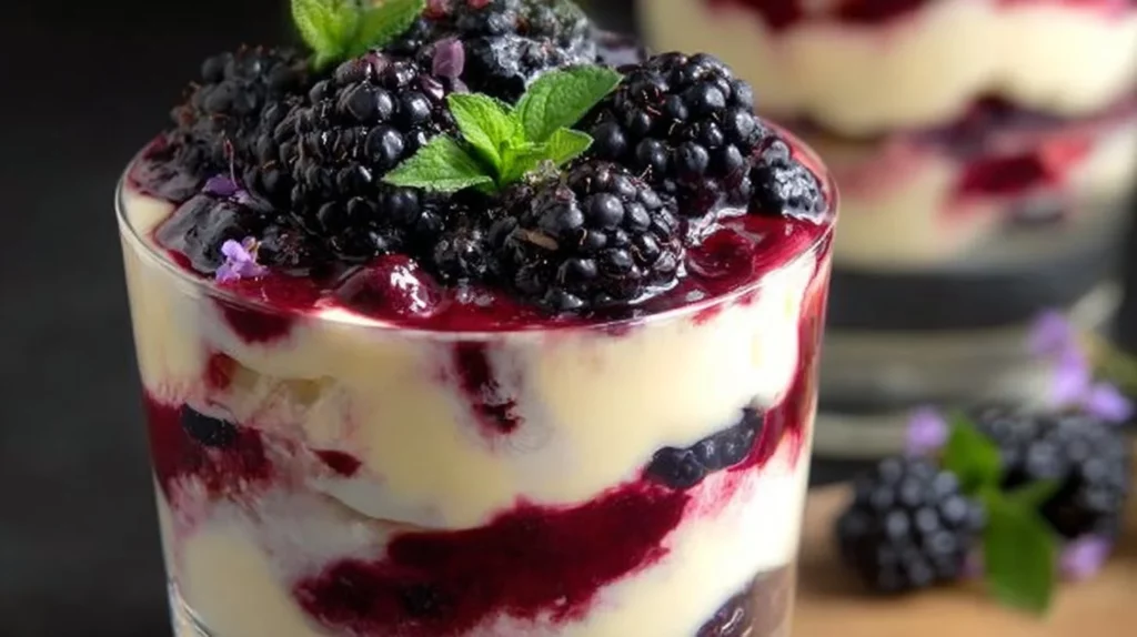 Mixed berry dessert with mascarpone cream topped with fresh berries