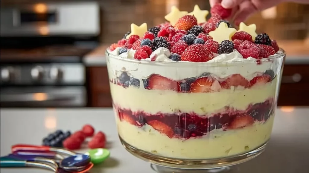 Delicious mixed berry trifle layered with whipped cream and fresh berries