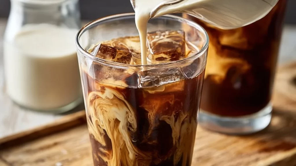 Delicious mocha iced coffee topped with whipped cream and chocolate drizzle.