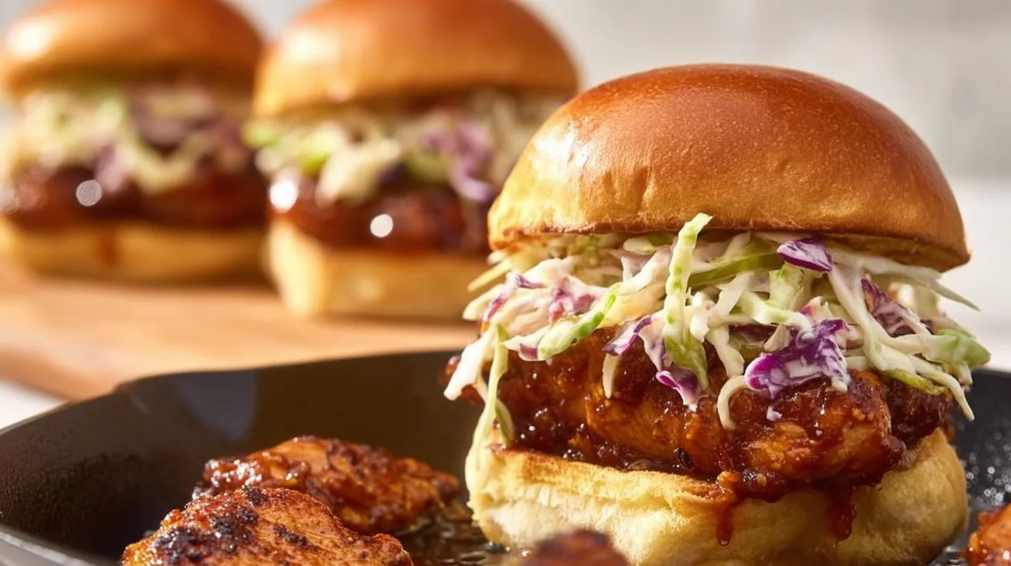 Nashville hot honey chicken slider sandwiches served with pickles and sauce.