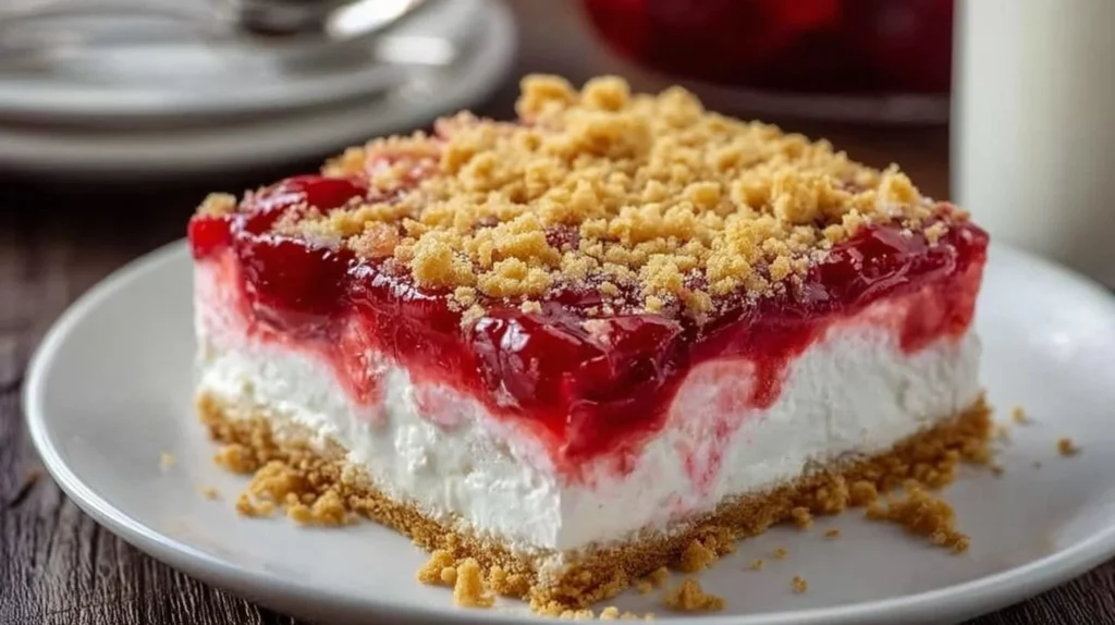 Delicious No-Bake Cherry Yum Yum dessert topped with cherry filling.