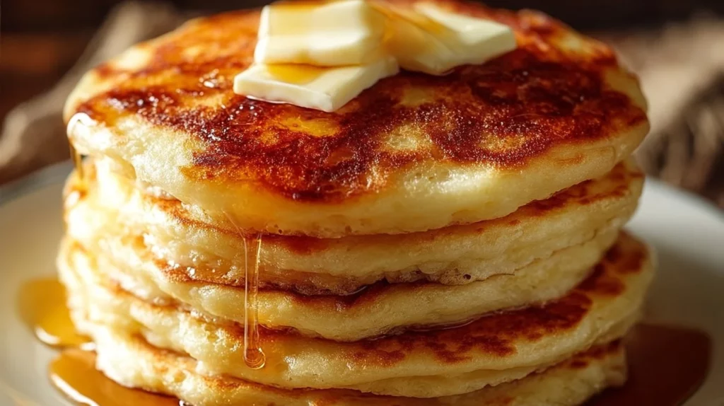 Stack of old-fashioned pancakes served with butter and syrup