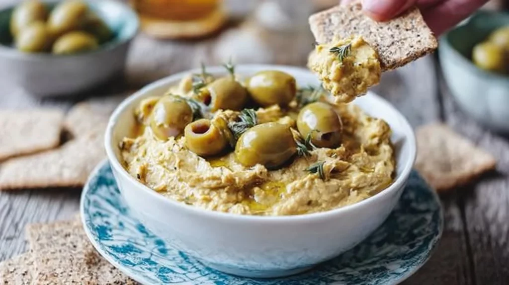 Delicious bowl of olive hummus served with fresh vegetables and pita bread.