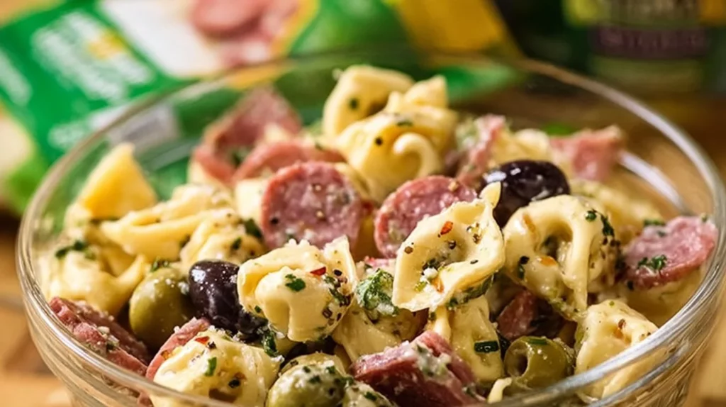 Bowl of Olive Tortellini Pasta Salad with fresh vegetables and dressing