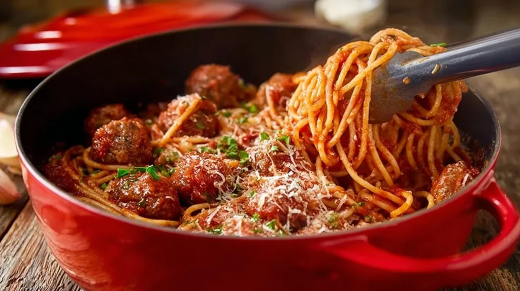 One pot spaghetti and meatballs served with fresh herbs on a rustic table