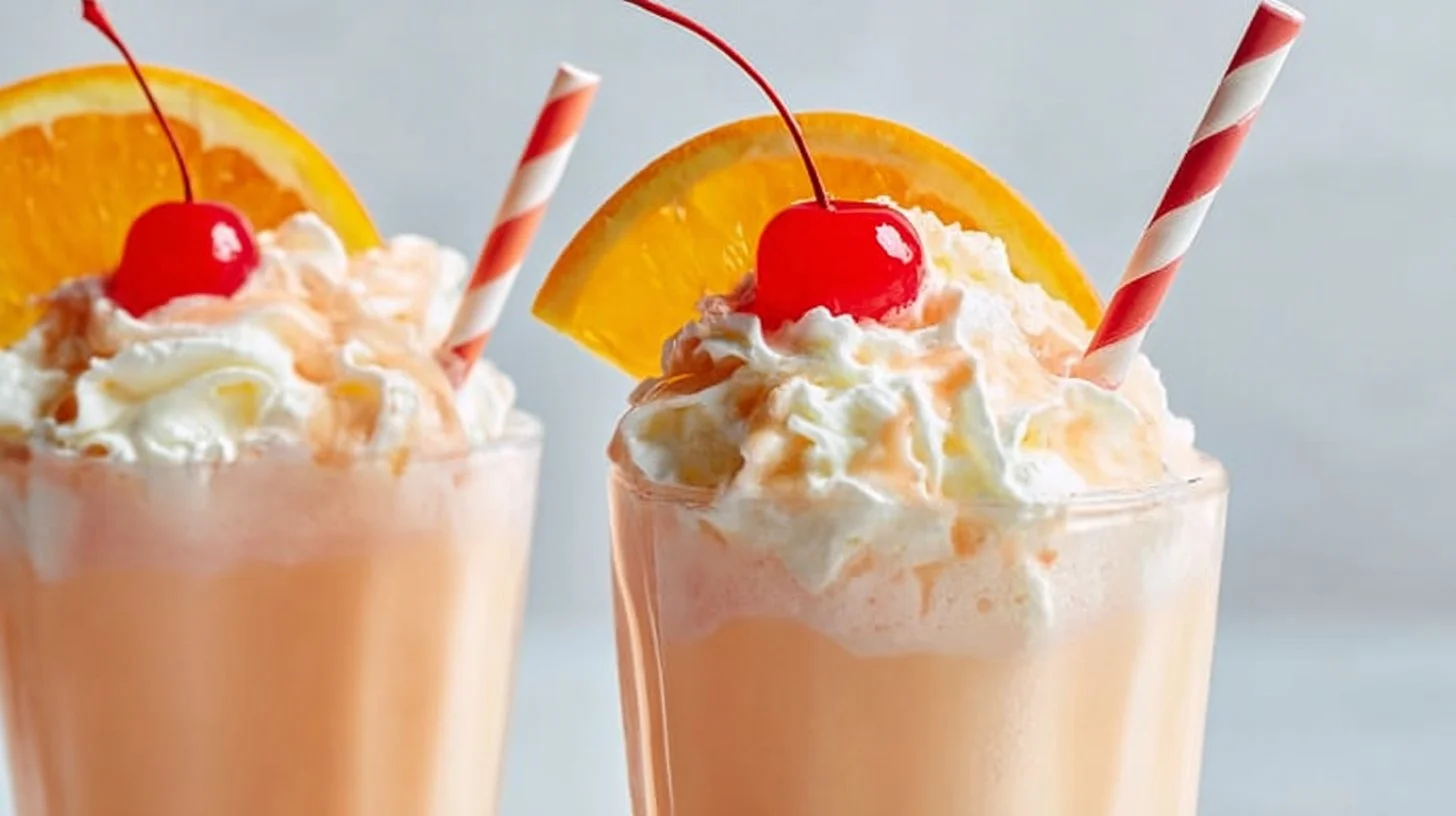 Delicious Orange Creamsicle Milkshake topped with whipped cream and orange slice