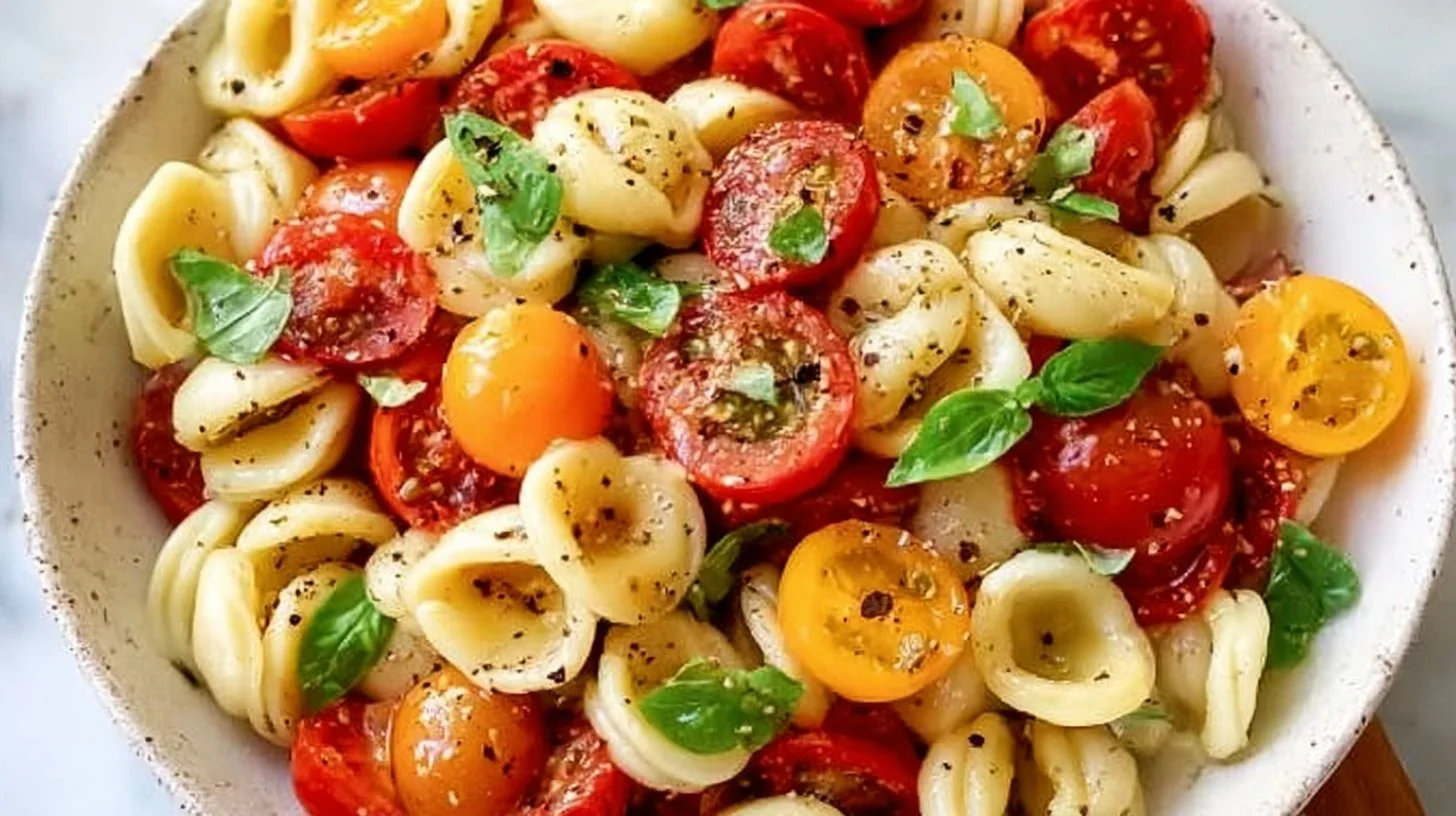 Plate of Orecchiette Pasta Salad with bruschetta toppings and fresh herbs
