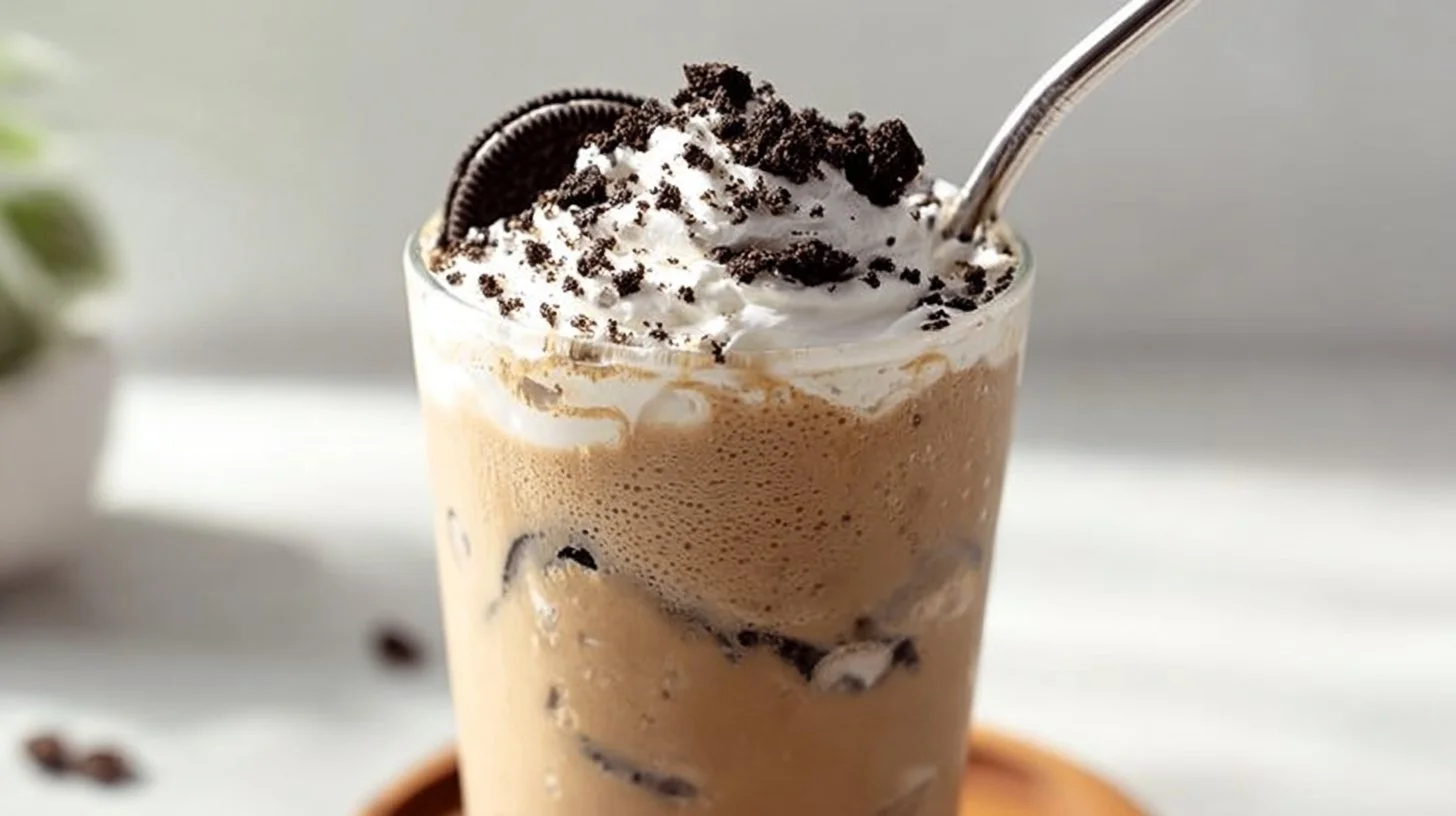 Oreo Iced Coffee in a glass with whipped cream and crushed Oreos on top