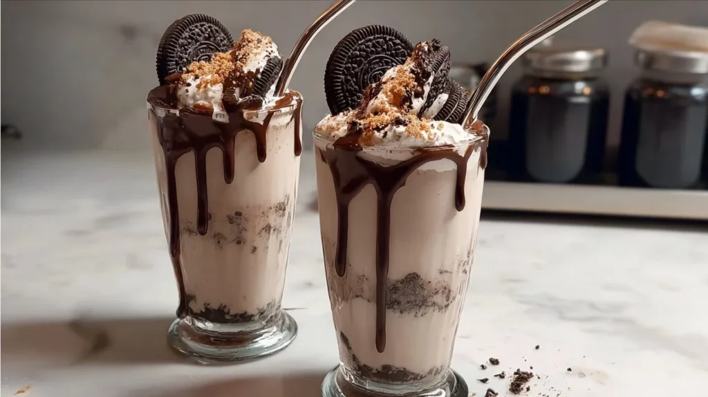 Delicious Oreo milkshake topped with whipped cream and crushed cookies
