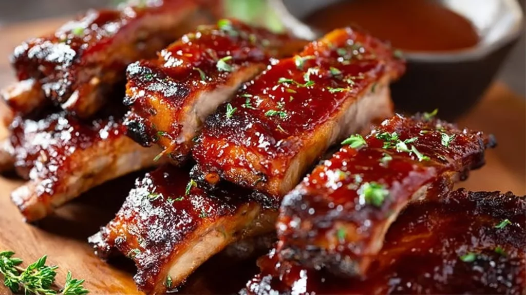 Plate of delicious oven-baked BBQ ribs with sauce and sides