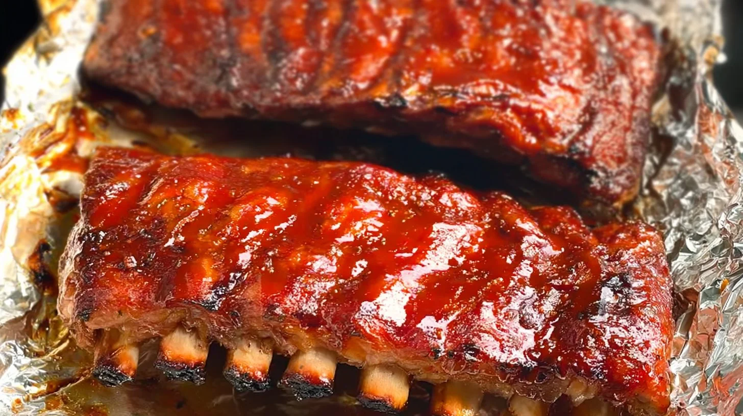 Oven baked St Louis Style ribs served with barbecue sauce